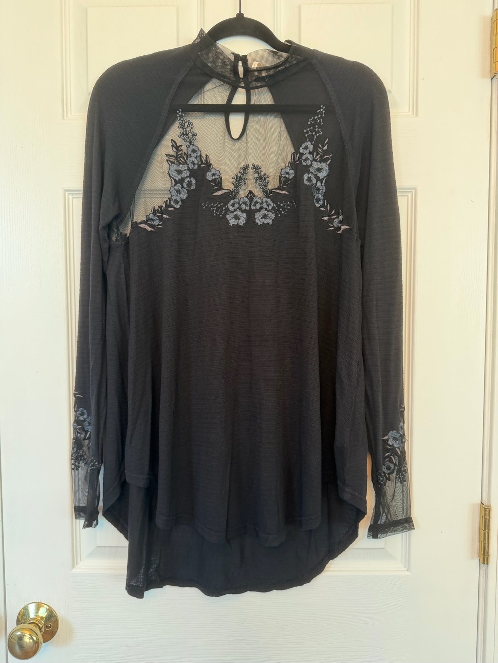 Free People Black Mesh Top with Embroidered Collar and Cuffs. Size Small